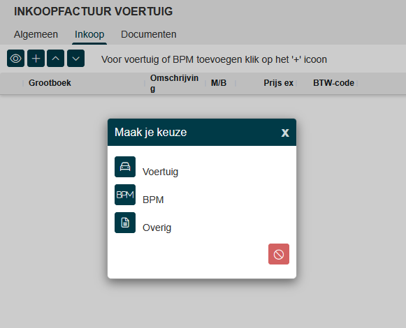 De dialoog Maak je keuze met de drie opties Voertuig, BPM en Overig