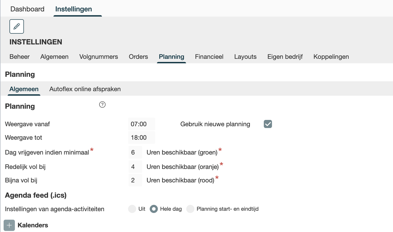 Instelling agenda-activiteiten met de keuzes Uit, Hele dag en Planning start- en eindtijd
