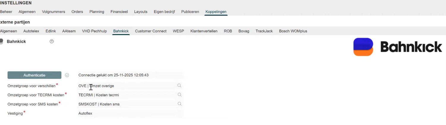 Instellingen Koppelingen Externe partijen met het tabblad Bahnkick, de knop Authenticatie, drie omzetgroepen en Vestiging