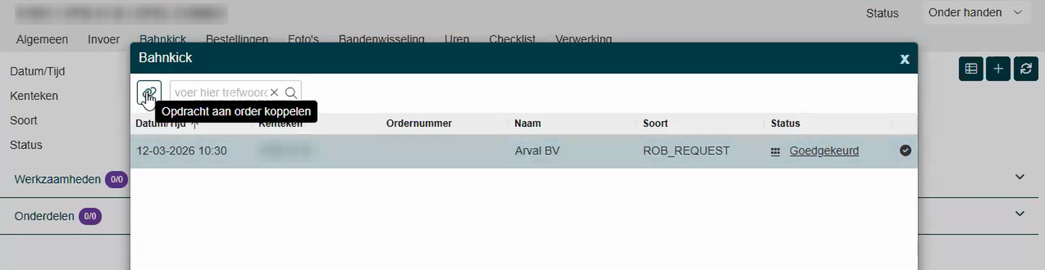 Venster Bahnkick op de werkorder met een goedgekeurde opdracht en de knop Opdracht aan order koppelen