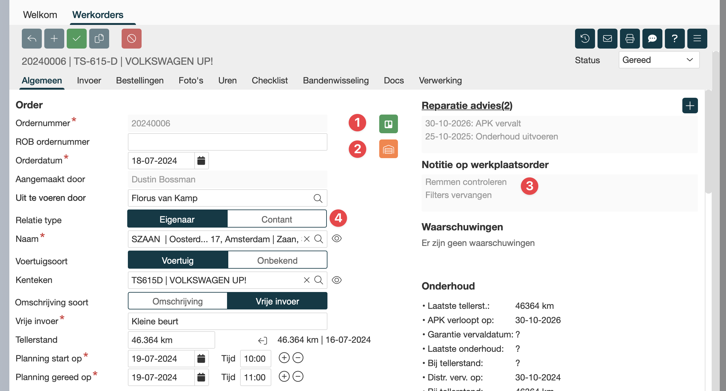 Het tabblad Algemeen van een werkorder met de klantgegevens, de autogegevens en de knoppen bovenaan