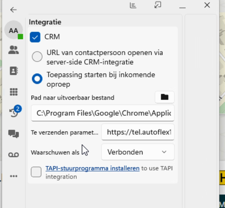 Integratie-paneel in de 3CX desktop-app met CRM aangevinkt