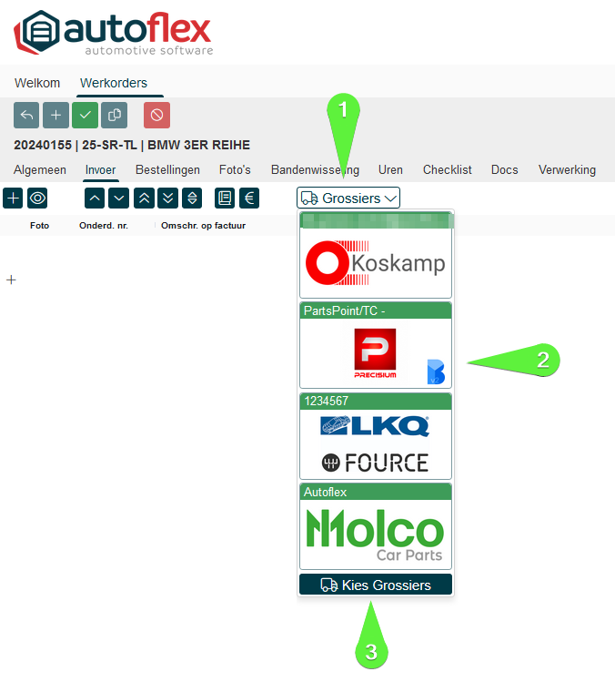 Werkorder, tabblad Invoer, met de knop Grossiers opengeklapt, de logo's van de gekoppelde grossiers en onderaan Kies Grossiers