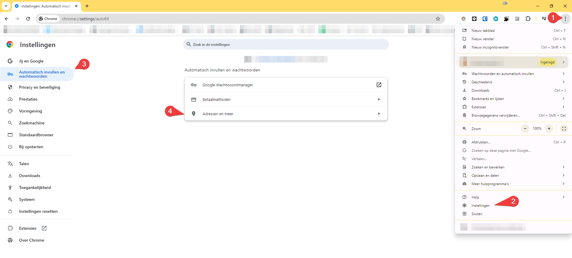 Chrome-menu en instellingen Automatisch invullen en wachtwoorden met genummerde pijlen naar Instellingen en Adressen en meer