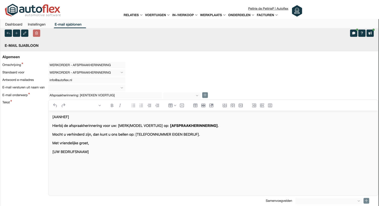E-mailsjabloon met Standaard voor op WERKORDER - AFSPRAAKHERINNERING en de standaardtekst met samenvoegvelden
