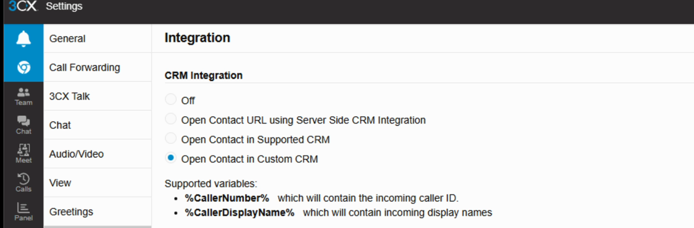 CRM Integration in de 3CX-webconsole met Open Contact in Custom CRM geselecteerd