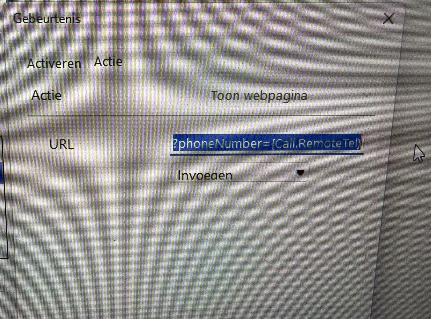Tabblad Actie met Toon webpagina en de Autoflex-URL