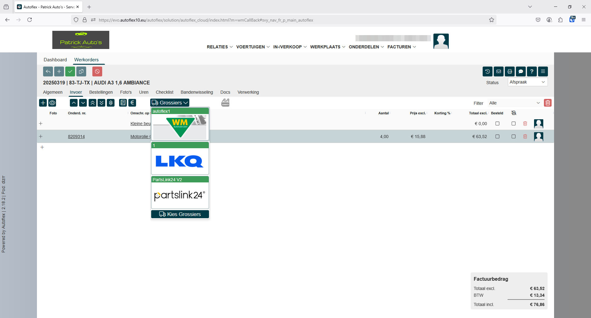 Werkorder tabblad Invoer met de keuzelijst Grossiers geopend en het logo van WMKAT bovenaan