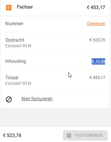 Bahnkick met het factuurbedrag, de regel Nummer met Opgeven, en de knop Factureren