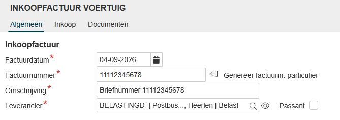 Het kopscherm van de inkoopfactuur met de Belastingdienst als leverancier en het briefnummer als factuurnummer