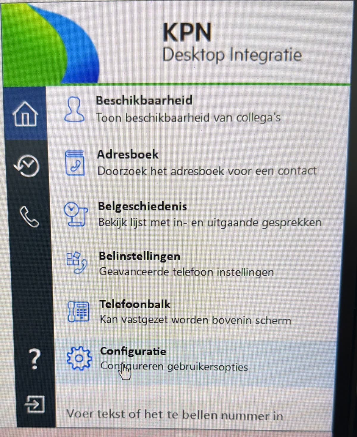 Menu van KPN Desktop Integratie met de optie Configuratie
