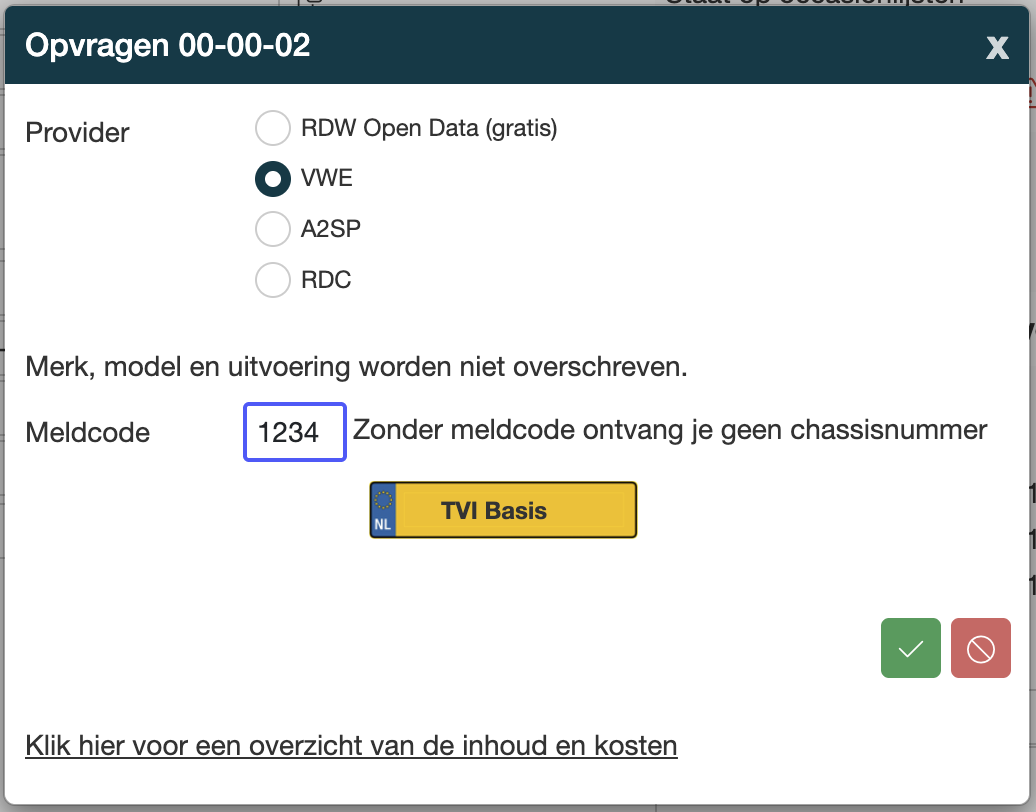 Venster Opvragen met de keuze tussen RDW Open Data, VWE, A2SP en RDC